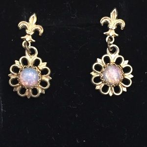 Fleur-De-Lis Opal Vintage Pierced Earrings